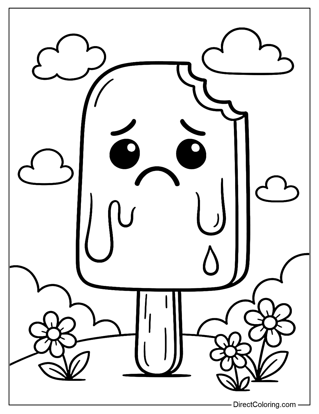 Melting popsicle coloring page, pouting but still cute.